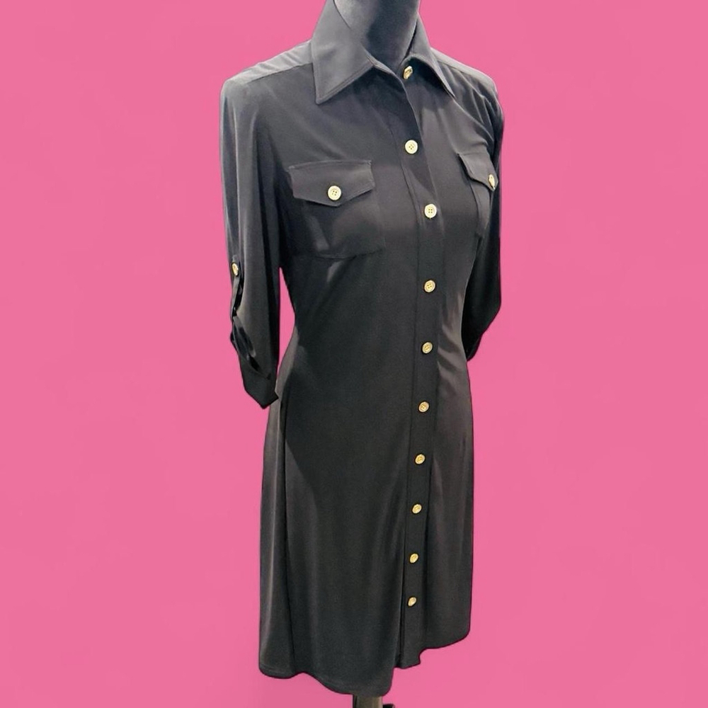 TAHARI ASL Black Shirt Dress 6 Button Front Gold Buttons Midi Career Minimalist